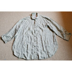 Womens Top-FLAX-light green plaid 100% linen button-up oversized lagenlook ls-L